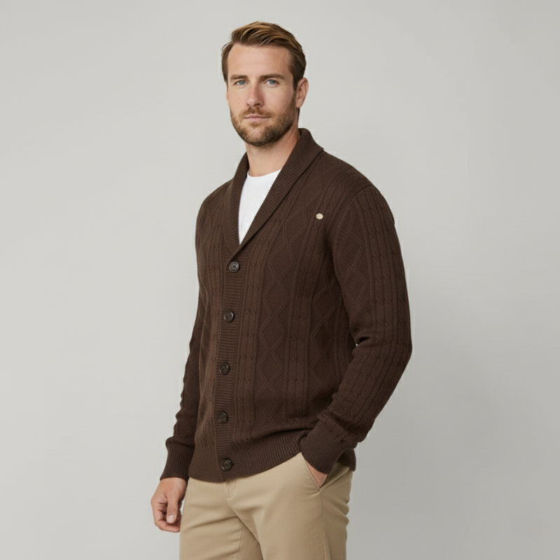 The Hudson Shawl Collar Cable-Knit Cardigan